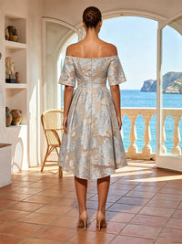 Jacquard A-Line/Princess Off Shoulder Midi-Length Cocktail Dresses with Ruched Waist & Pockets