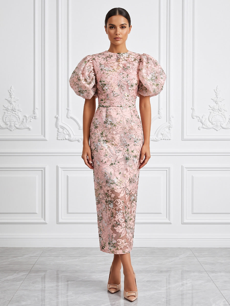 Sequin Floral Sheath/Column Scoop Neck Tea-Length Cocktail Dresses for Women