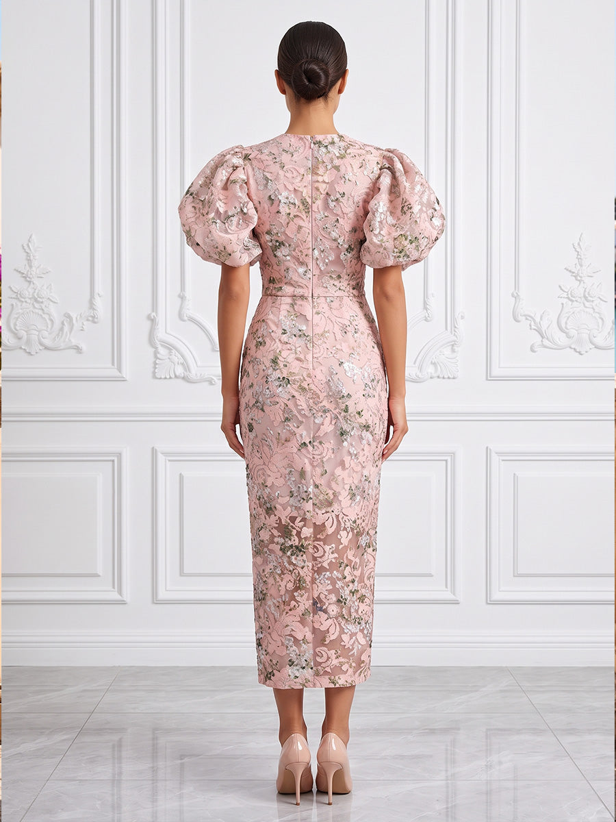 Sequin Floral Sheath/Column Scoop Neck Tea-Length Cocktail Dresses for Women