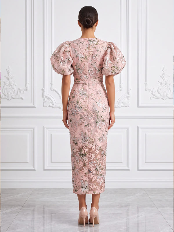 Sequin Floral Sheath/Column Scoop Neck Tea-Length Cocktail Dresses for Women