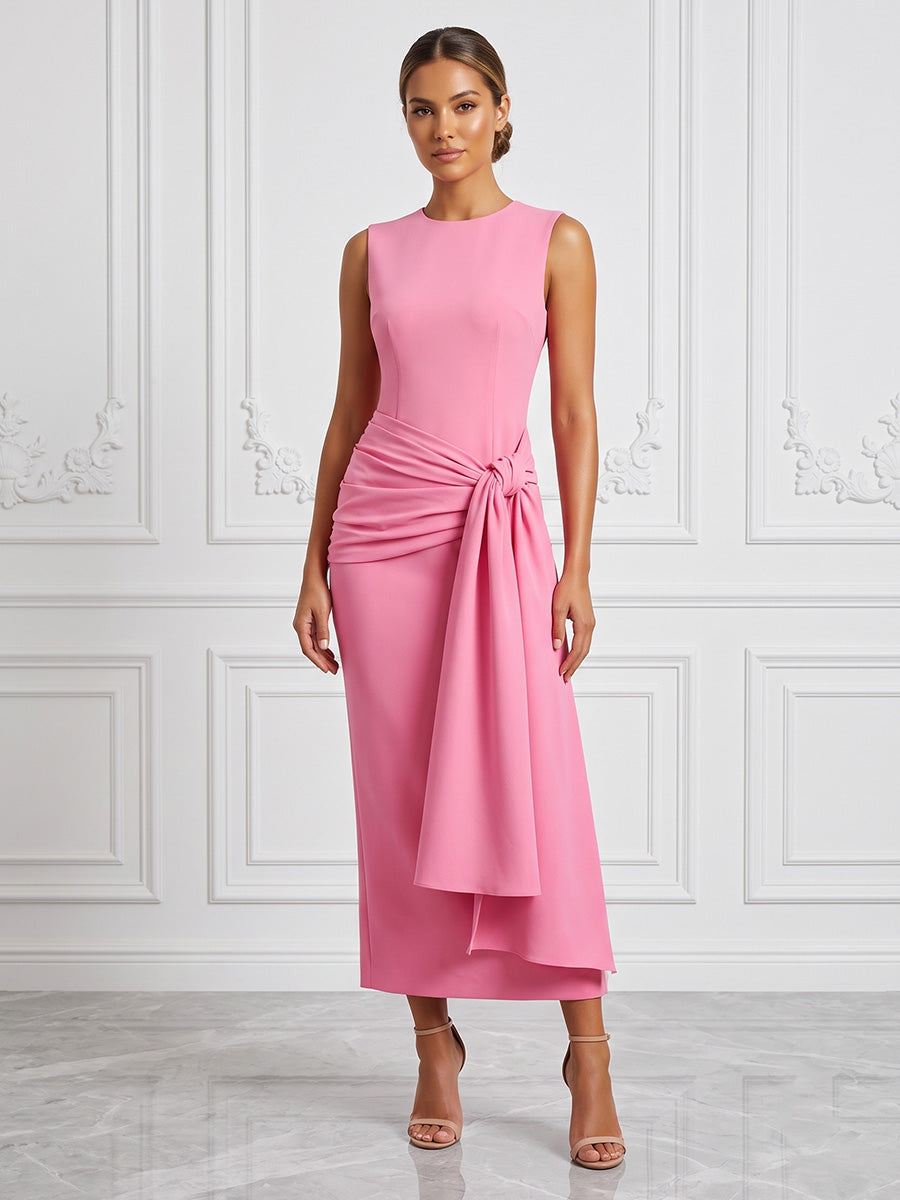Stretch Jersey Sheath/Column Scoop Neck Tea-Length Cocktail Dresses with Ruched Waist