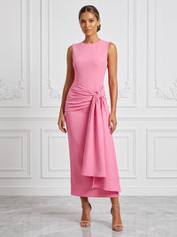 Stretch Jersey Sheath/Column Scoop Neck Tea-Length Cocktail Dresses with Ruched Waist