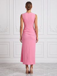 Stretch Jersey Sheath/Column Scoop Neck Tea-Length Cocktail Dresses with Ruched Waist