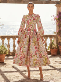 Jacquard A-Line/Princess Scoop Neck Tea-Length Cocktail Dresses with Pleats