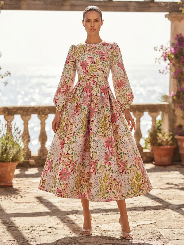 Jacquard A-Line/Princess Scoop Neck Tea-Length Cocktail Dresses with Pleats