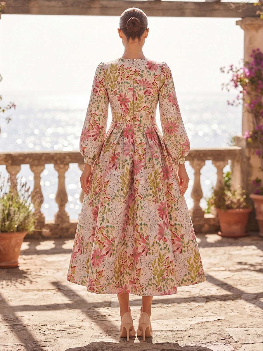 Jacquard A-Line/Princess Scoop Neck Tea-Length Cocktail Dresses with Pleats
