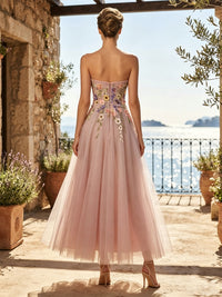 Tulle A-Line/Princess Strapless Tea-Length Cocktail Dresses with Floral Embroidery & Pleats