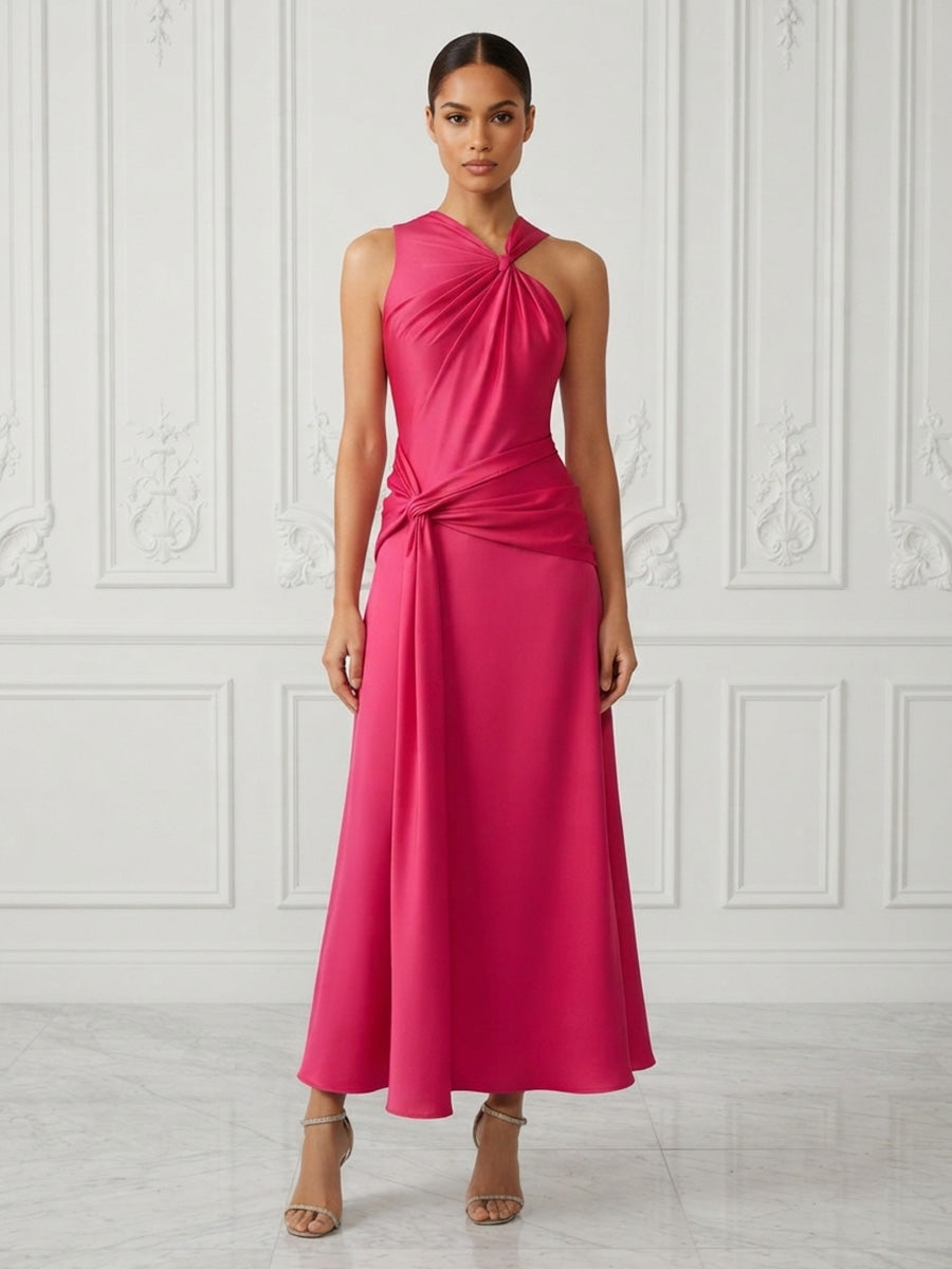 Satin A-Line/Princess Asymmetric Neck Tea-Length Cocktail Dresses with Ruched Waist