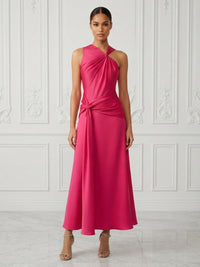 Satin A-Line/Princess Asymmetric Neck Tea-Length Cocktail Dresses with Ruched Waist