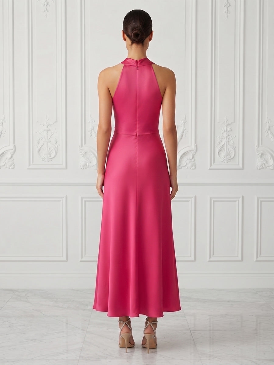 Satin A-Line/Princess Asymmetric Neck Tea-Length Cocktail Dresses with Ruched Waist