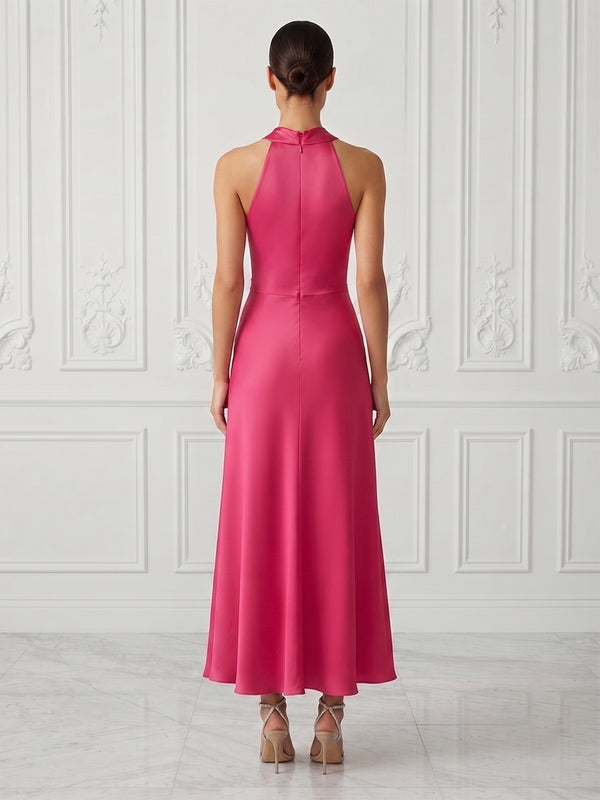 Satin A-Line/Princess Asymmetric Neck Tea-Length Cocktail Dresses with Ruched Waist