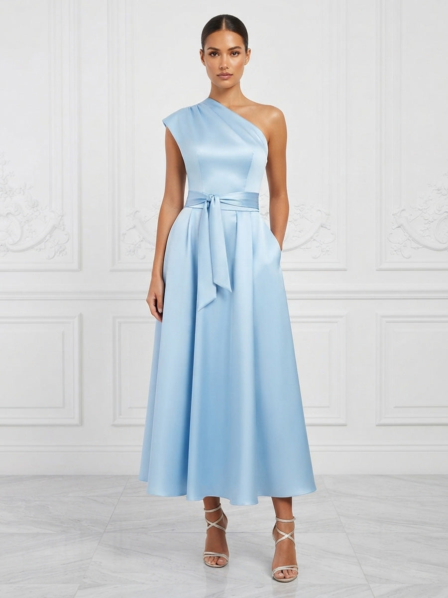 Satin A-Line/Princess One Shoulder Tea-Length Cocktail Dresses with Belt