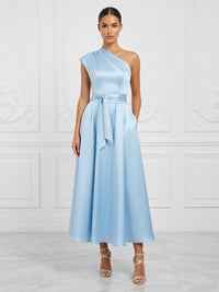 Satin A-Line/Princess One Shoulder Tea-Length Cocktail Dresses with Belt