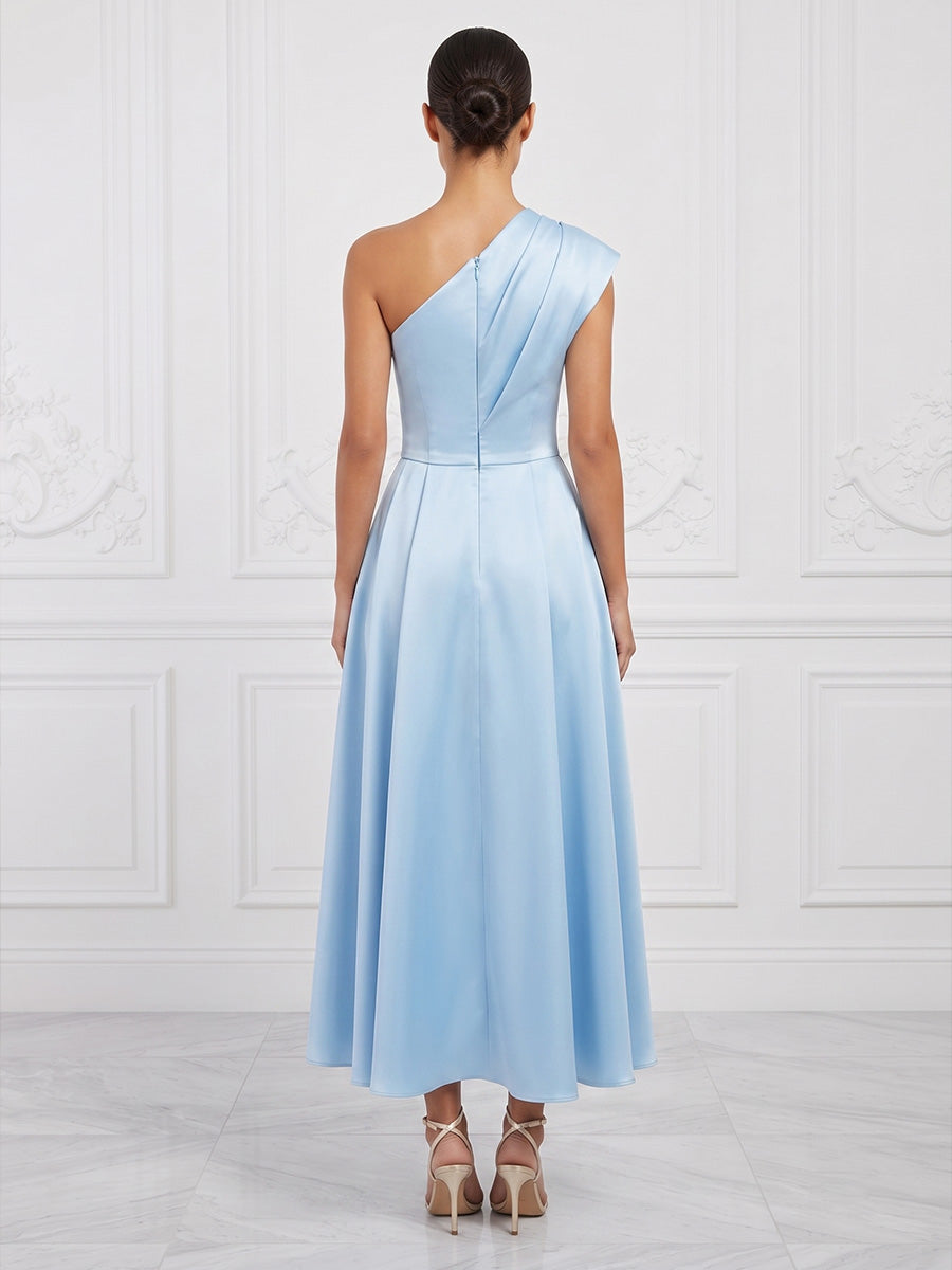 Satin A-Line/Princess One Shoulder Tea-Length Cocktail Dresses with Belt