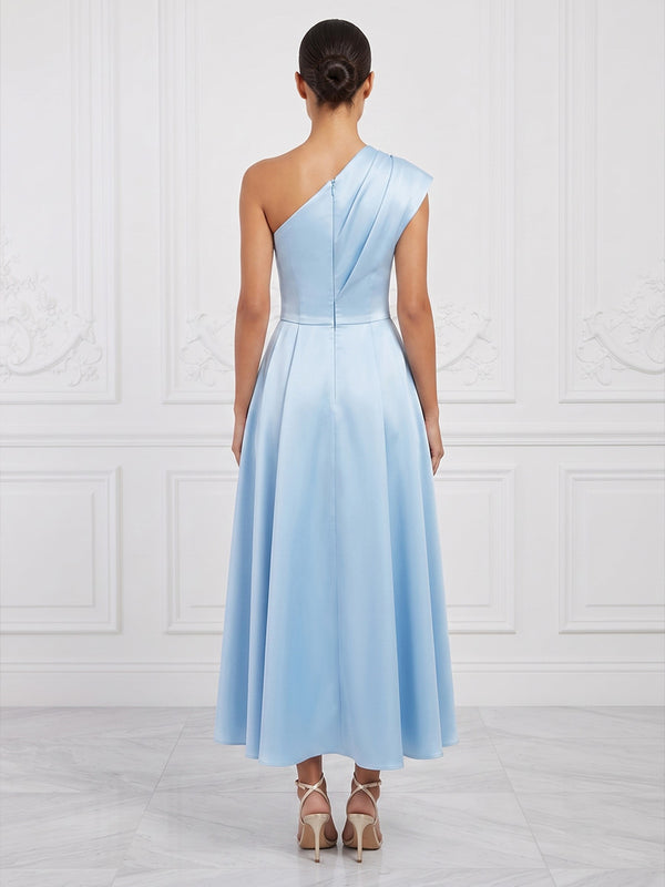Satin A-Line/Princess One Shoulder Tea-Length Cocktail Dresses with Belt