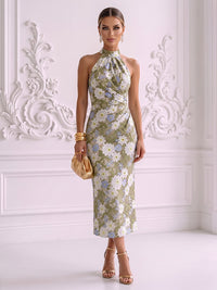 Floral Embroidery Sheath/Column Halter Tea-Length Cocktail Dresses with Ruched Waist