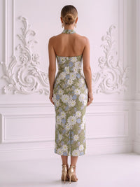 Floral Embroidery Sheath/Column Halter Tea-Length Cocktail Dresses with Ruched Waist