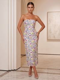 Sequin Floral Sheath/Column Strapless Tea-Length Cocktail Dresses for Women