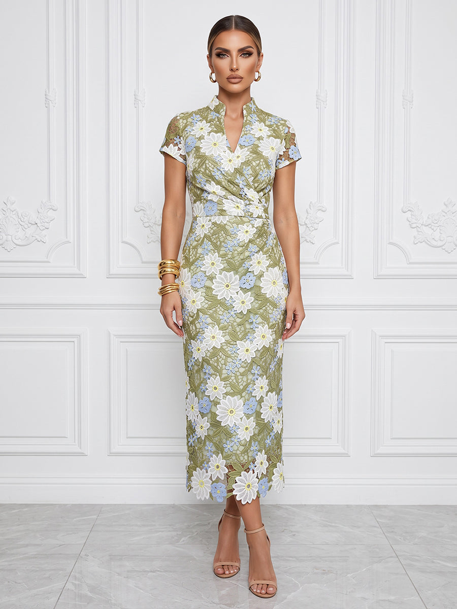 Floral Embroidery Sheath/Column V-Neck Tea-Length Cocktail Dresses with Ruched Waist