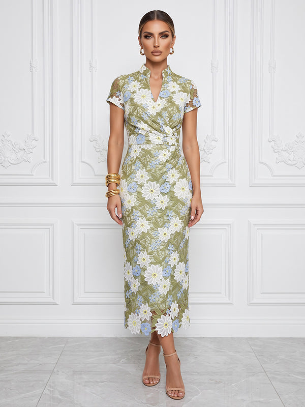 Floral Embroidery Sheath/Column V-Neck Tea-Length Cocktail Dresses with Ruched Waist