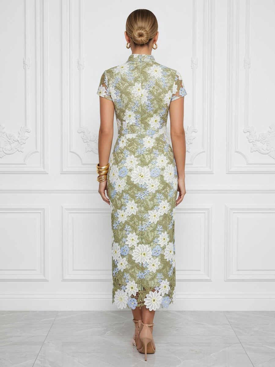 Floral Embroidery Sheath/Column V-Neck Tea-Length Cocktail Dresses with Ruched Waist