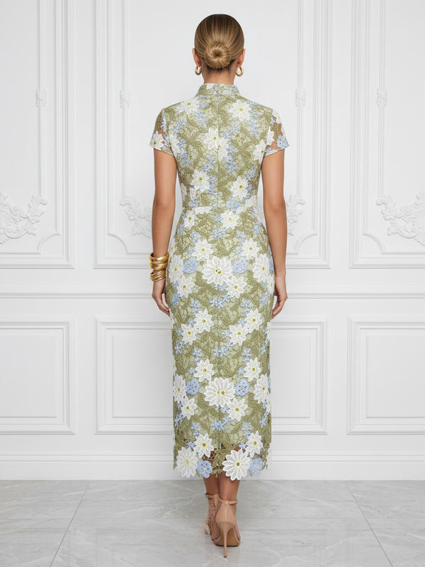 Floral Embroidery Sheath/Column V-Neck Tea-Length Cocktail Dresses with Ruched Waist
