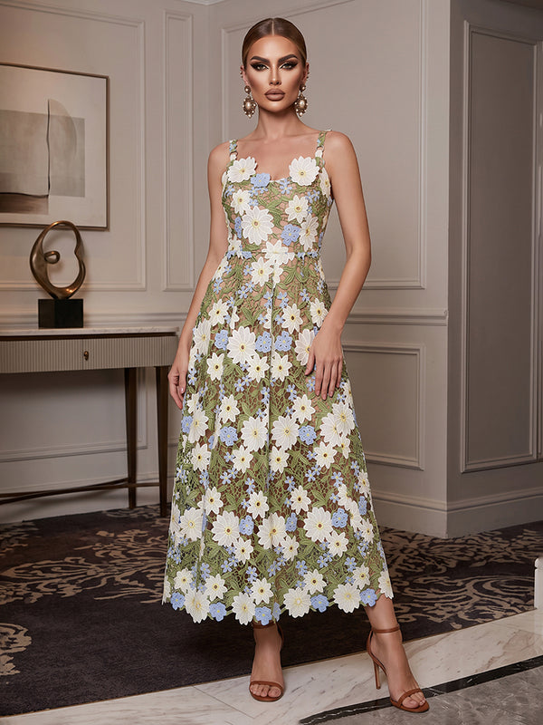 Floral Embroidery A-Line/Princess Spaghetti Straps Tea-Length Cocktail Dresses for Women
