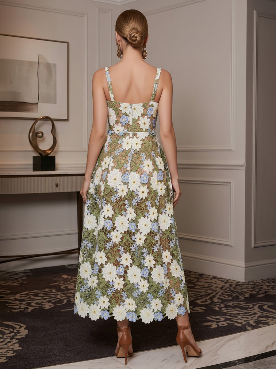 Floral Embroidery A-Line/Princess Spaghetti Straps Tea-Length Cocktail Dresses for Women