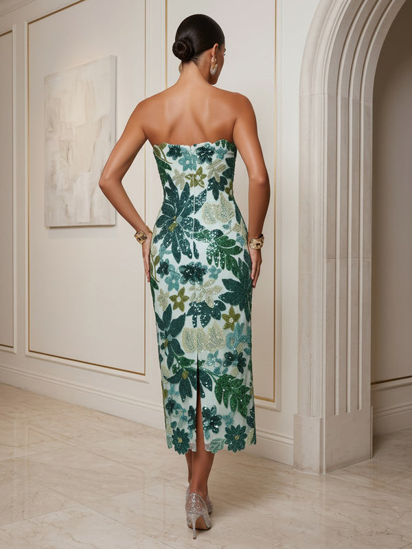 Sequin Floral Sheath/Column Strapless Tea-Length Cocktail Dresses for Women