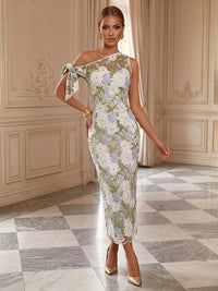 Floral Embroidery Sheath/Column Off Shoulder Tea-Length Cocktail Dresses for Women
