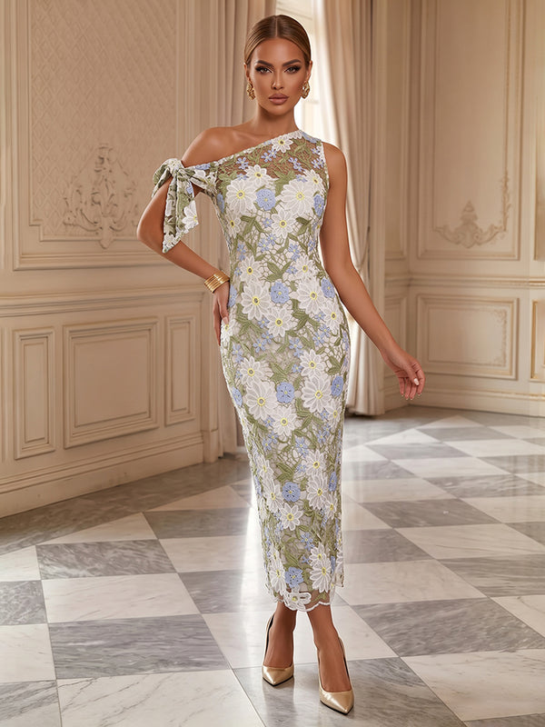 Floral Embroidery Sheath/Column Off Shoulder Tea-Length Cocktail Dresses for Women
