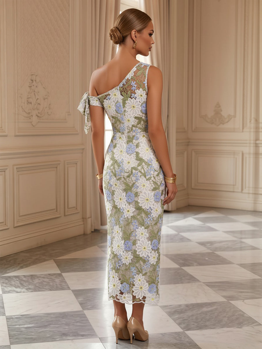 Floral Embroidery Sheath/Column Off Shoulder Tea-Length Cocktail Dresses for Women