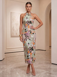 Sequin Floral Sheath/Column Halter Tea-Length Cocktail Dresses for Women
