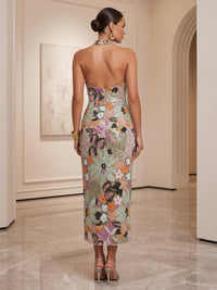 Sequin Floral Sheath/Column Halter Tea-Length Cocktail Dresses for Women