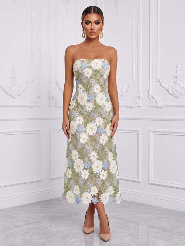 Floral Embroidery Sheath/Column Strapless Tea-Length Cocktail Dresses for Women