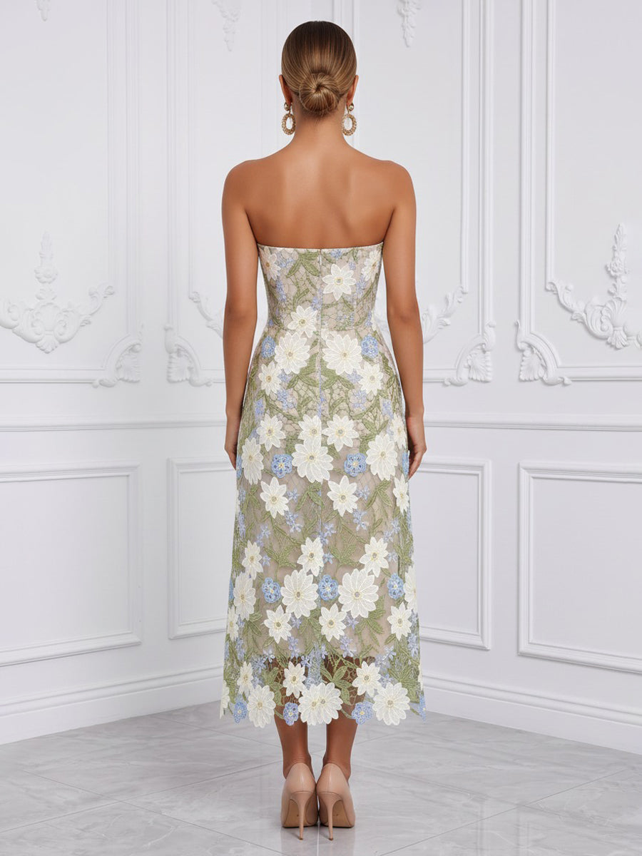 Floral Embroidery Sheath/Column Strapless Tea-Length Cocktail Dresses for Women