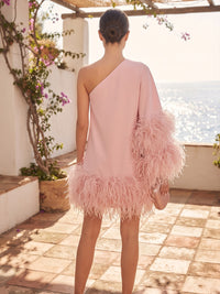 Sheath/Column One Shoulder Stretch Jersey Short Cocktail Dresses with Fluffy Feather Trim Cuffs