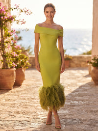 Sheath/Column Off Shoulder Stretch Jersey Tea-Length Cocktail Dresses with Feather Trim