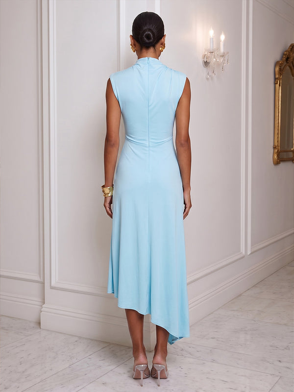 Sheath/Column High Neck Stretch Jersey Tea-Length Cocktail Dresses with Feathers & Ruched Waist