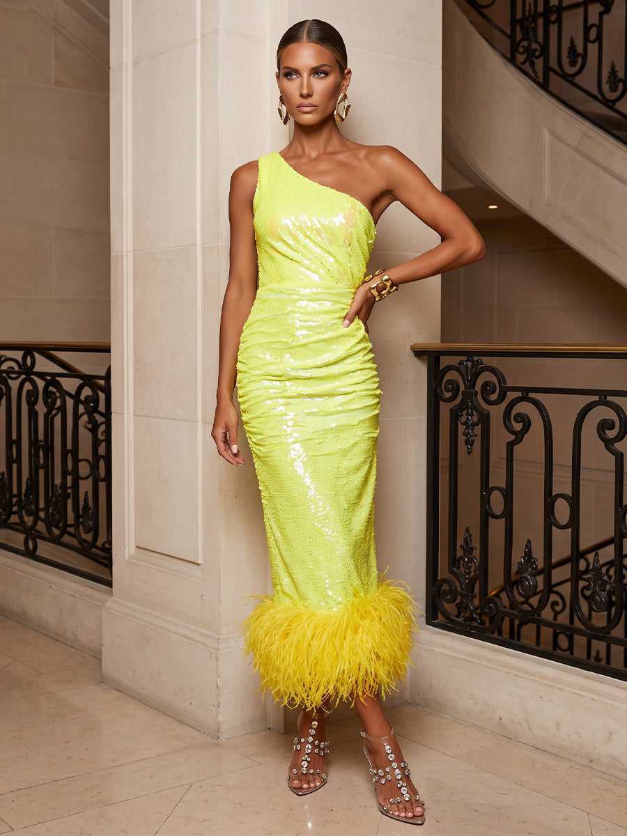 Sheath/Column One Shoulder Sparkly Sequin Tea-Length Cocktail Dresses with Feathers & Ruched Waist