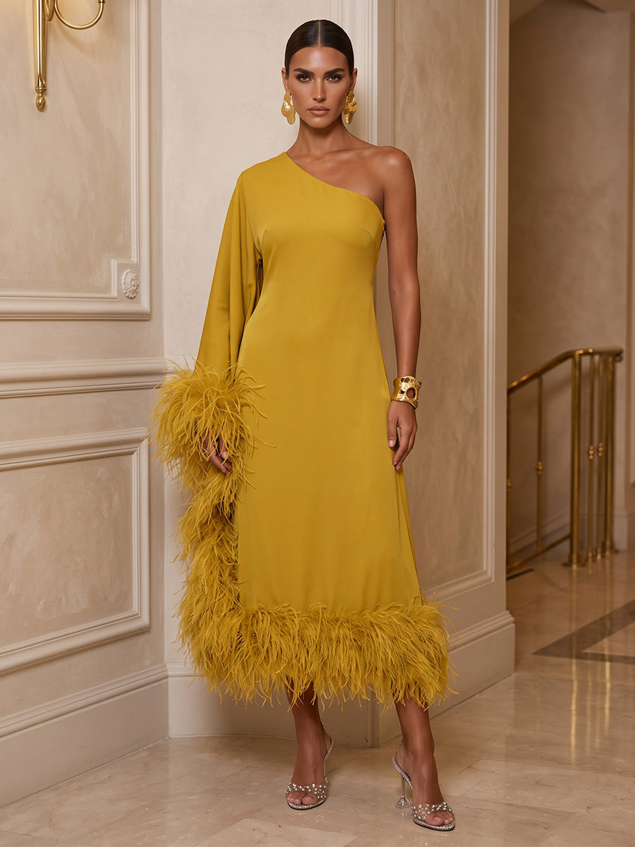 Sheath/Column One Shoulder Stretch Jersey Tea-Length Cocktail Dresses with Feather Trim