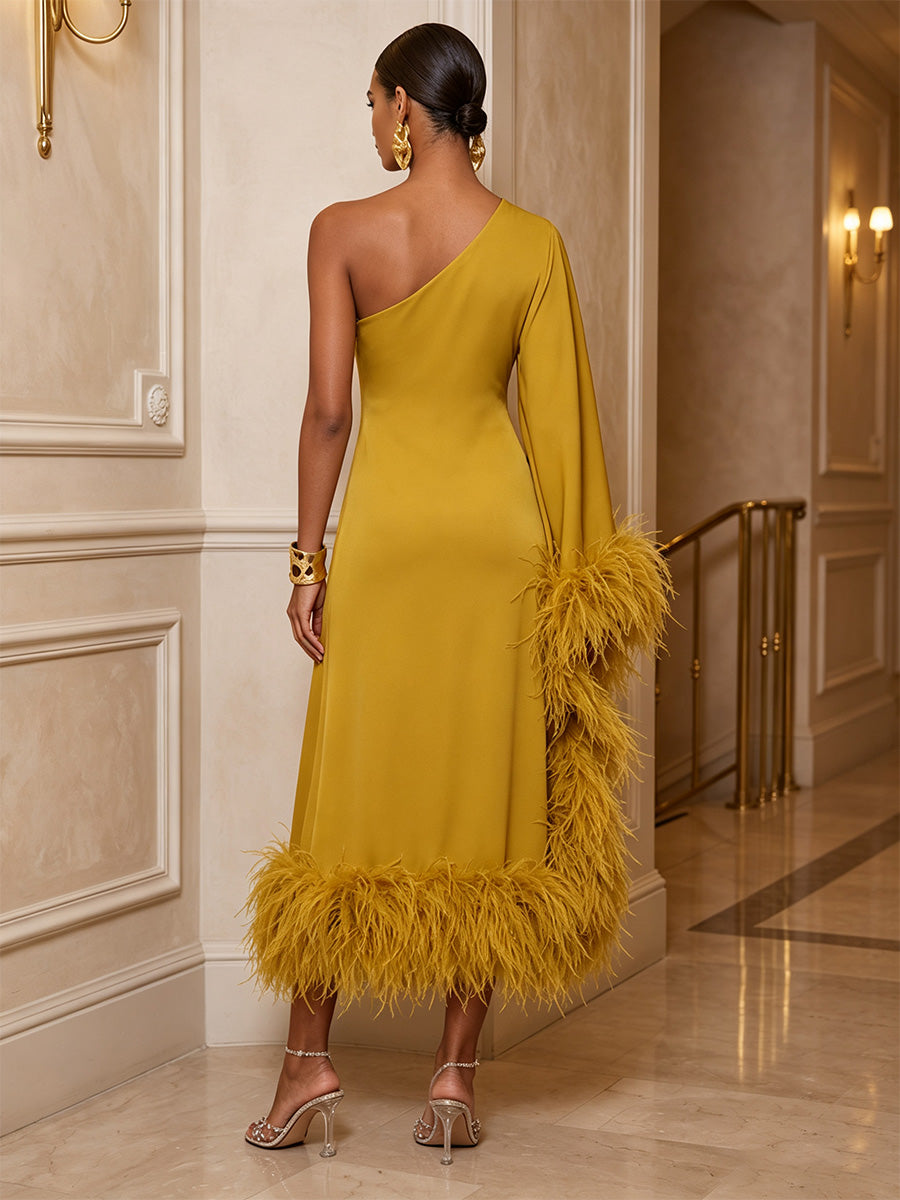 Sheath/Column One Shoulder Stretch Jersey Tea-Length Cocktail Dresses with Feather Trim