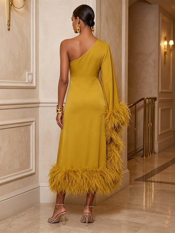 Sheath/Column One Shoulder Stretch Jersey Tea-Length Cocktail Dresses with Feather Trim
