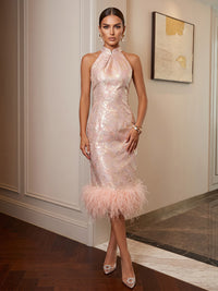 Sheath/Column Halter Jacquard Tea-Length Cocktail Dresses with Feather Trim