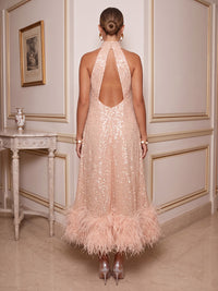 A-Line/Princess Halter Sparkly Sequin Tea-Length Cocktail Dresses with Feather Trim & Pleats