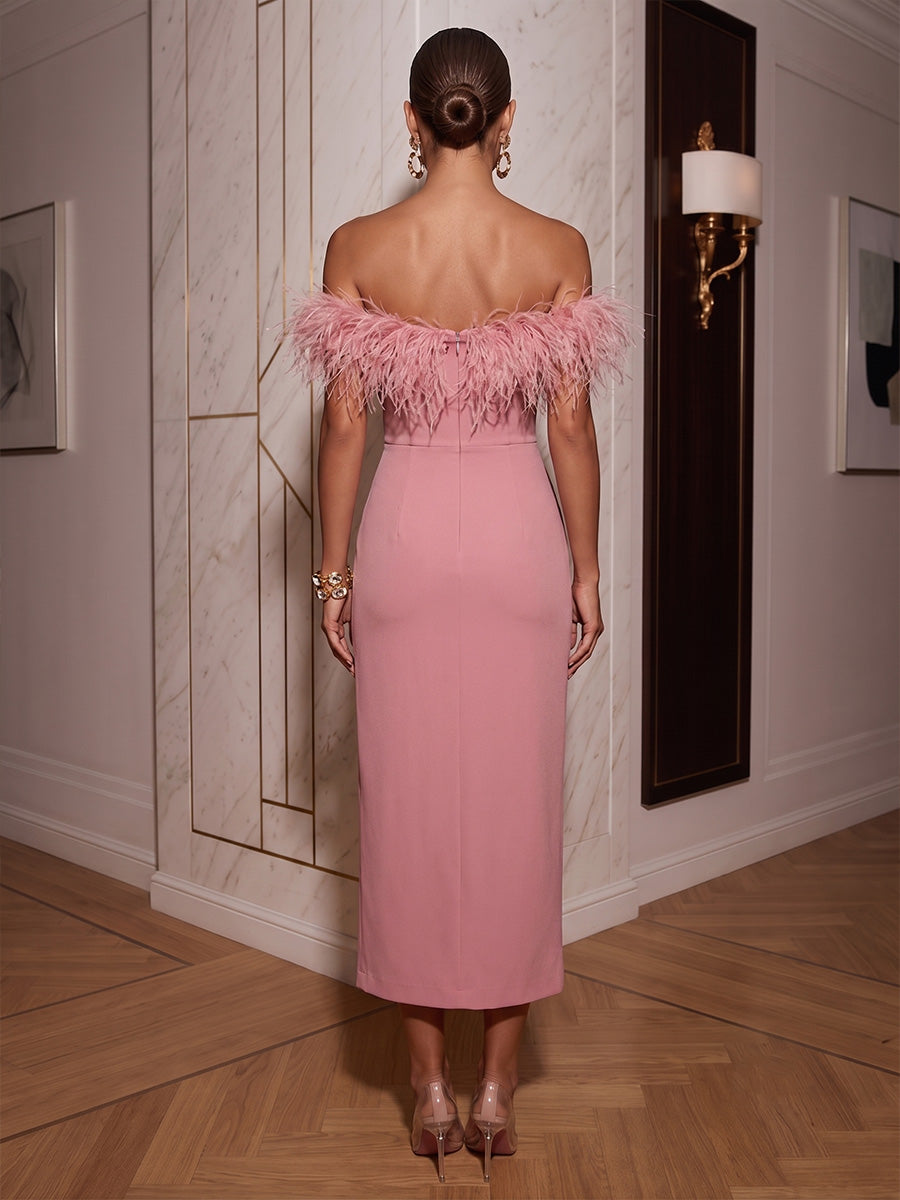 Sheath/Column Strapless Stretch Jersey Tea-Length Cocktail Dresses with Feather Trim & Slit
