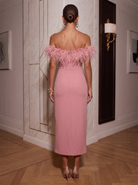 Sheath/Column Strapless Stretch Jersey Tea-Length Cocktail Dresses with Feather Trim & Slit