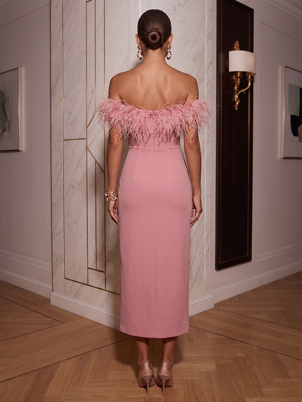 Sheath/Column Strapless Stretch Jersey Tea-Length Cocktail Dresses with Feather Trim & Slit