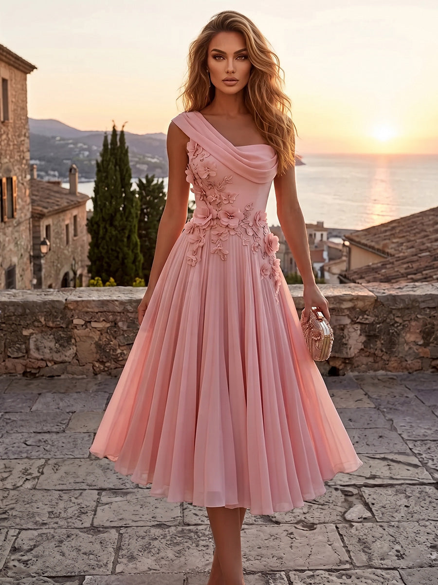 Chiffon A-Line/Princess One Shoulder Tea-Length Cocktail Dresses with 3D Flowers & Pleats