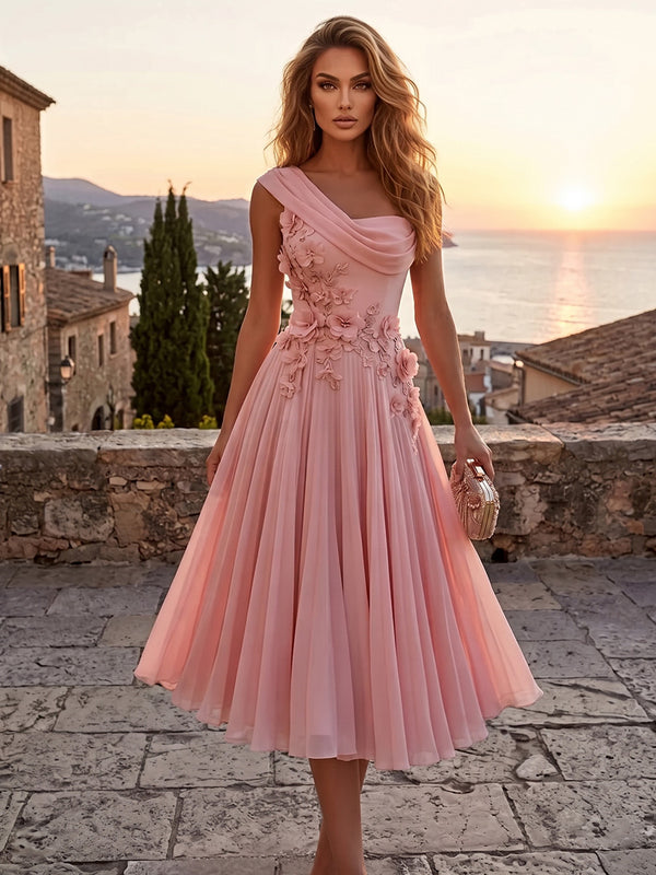 Chiffon A-Line/Princess One Shoulder Tea-Length Cocktail Dresses with 3D Flowers & Pleats